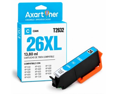 Compatible Epson T2632 / T2612 - 26XL Cyan Cartucho de Tinta C13T26324012 / C13T26124012 para Expression Premium XP-510 XP-520 XP-600 XP-605 XP-610 XP-615 XP-620 XP-625 XP-700 XP-710 XP-720 XP-800 XP-810 XP-820