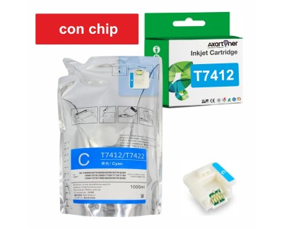 Compatible Epson T7412 Cyan - con chip - Bolsa de Tinta de Sublimacion C13T741200 para SureColor SC-F6000, SC-F6070, SC-F6200, SC-F6270, SC-F7200, SC-F9200