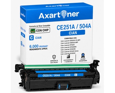 Compatible HP CE251A / 504A Cyan Cartucho de Toner para HP Color LaserJet CP3525dn, CP3525n, CP3525x, CM3530, CM3530fs