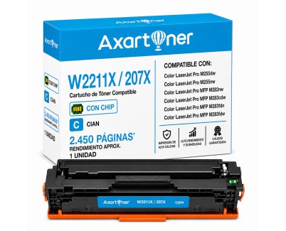 Compatible HP W2211X / W2211A - CON CHIP - Cyan Cartucho de Toner 207X / 207A para HP Color LaserJet Pro M255dw, M255nw, MFP M282nw, MPF M283cdw, MFP M283fdn, MFP M283fdw