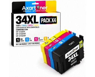 Compatible Pack 4 Epson T3471 / T3472 / T3473 / T3474 - 34XL Cartuchos de Tinta para Epson WF3720 / WF3725