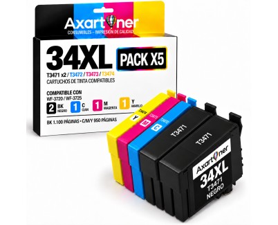 Compatible Pack 5 Epson T3471 / T3472 / T3473 / T3474 - 34XL Cartuchos de Tinta para Epson WF3720 / WF3725