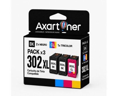 Compatible Pack HP 302XL (Negro 2 ud. + TRICOLOR 1 ud.) Cartuchos de Tinta F6U68AE / F6U67AE (muestra nivel de tinta)