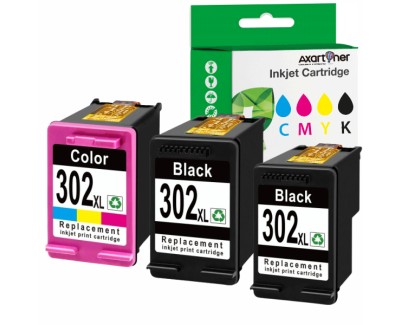 Compatible Pack HP 302XL (Negro 2 ud. + TRICOLOR 1 ud.) Cartuchos de Tinta F6U68AE / F6U67AE (muestra nivel de tinta)