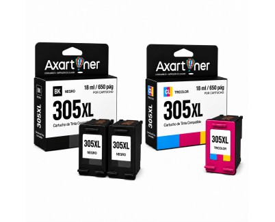 Compatible Pack HP 305XL - chip actualizado - (Negro 2 ud. + Tricolor 1 ud.) Cartuchos de Tinta - Muestra Nivel de Tinta - 3YM62AE / 3YM63AE