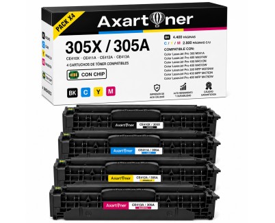 Compatible Pack x 4 HP CE410X / CE411A / CE412A / CE413A - 305X / 305A Cartuchos de Toner para HP LaserJet Pro 400 Color MFP M475dn MFP M475dw M451dn M451nw M451dw Pro 300 Color MFP M375nw