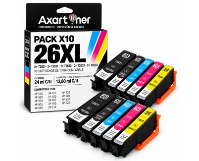 Compatible Pack x10 Epson T2621 / T2631 / T2632 / T2633 / T2634 - 26XL Cartuchos de Tinta para Expression Premium XP-510 XP-520 XP-600 XP-605 XP-610 XP-615 XP-620 XP-625 XP-700 XP-710 XP-720 XP-800 XP-810 XP-820