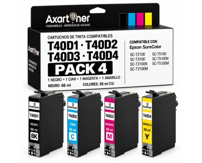 Compatible Pack x4 Epson T40D1 / 2 / 3 / 4 Cartuchos de Tinta Pigmentada para SureColor SC-T2100, SC-T3100, SC-T5100