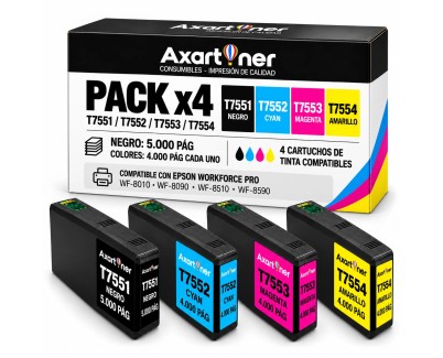Compatible Pack x4 Epson T7551 / T7552 / T7553 / T7554 Cartuchos de Tinta Pigmentada para WorkForce Pro WF-8010, WF-8090, WF-8510, WF-8590