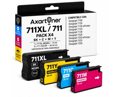 Compatible Pack x4 HP 711 XL Cartuchos de Tinta para Designjet T100, T120, T120 ePrinter, T125, T130, T520, T520 ePrinter, T525, T530