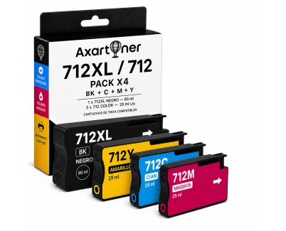 Compatible Pack x4 HP 712XL / 712 Cartuchos de Tinta para HP DesignJet Studio 24 / 36 - DesignJet T210 / T230 / T250 / T630 / T650