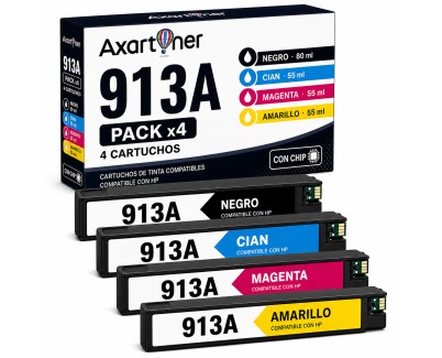 Compatible Pack x4 HP 913A (chip actualizado) Cartuchos de Tinta Pigmentada
