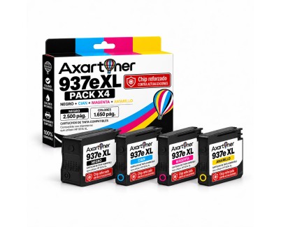 Compatible Pack x4 HP 937e XL (Chip reforzado contra actualizaciones) Cartuchos de Tinta para HP OfficeJet Pro 9110b, 9117b, 9120b, 9120e, 9122e, 9125e, 9130b, 9132e, 9135e, 9720e, 9730e