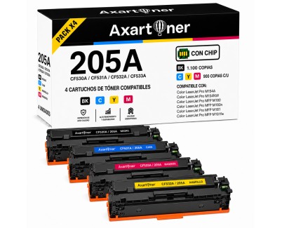 Compatible Pack x4 HP CF530A / CF531A / CF532A / CF533A / 205A Cartuchos de Toner para HP Color LaserJet Pro M154a M154nw MFP M180 MFP M180n MFP M181 MFP M181fw