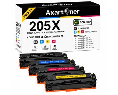 Compatible Pack x4 HP CF530A XL / CF531A XL / CF532A XL / CF533A XL / 205A XL Cartuchos de Toner para HP Color LaserJet Pro M154a M154nw MFP M180 MFP M180n MFP M181 MFP M181fw