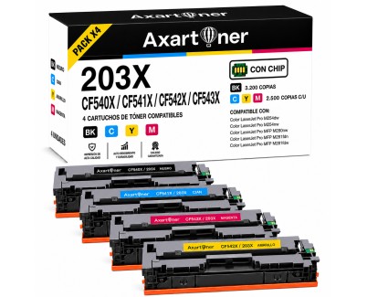 Compatible Pack x4 HP CF540X / CF541X / CF542X / CF543X Cartuchos de Toner 203X para HP Color LaserJet Pro M254dnw M254dw M254nw / MFP M280nw M281fdn M281fdw M281fw