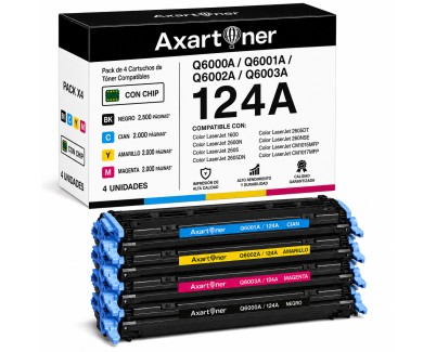 Compatible Pack x4 HP Q6000A / Q6001A / Q6002A / Q6003A / 124A Cartuchos de Toner para HP Color LaserJet 1600, 2600n, 2605, 2605dn, 2605dtn, CM1015, CM1015 MFP, CM1017, CM1017 MFP
