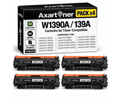 Compatible Pack x4 HP W1390A / 139A - CON CHIP - Negro Cartucho de Toner para HP LaserJet Pro 3001dn 3001dw 3002dn 3002dw 3003dn 3003dw 3004dn 3004dw / Lasejert Pro MFP 3101fdn 3101fdw 3102fdn 3102fdw 3103fdn 3103fdw 3104fdn 3104fdw
