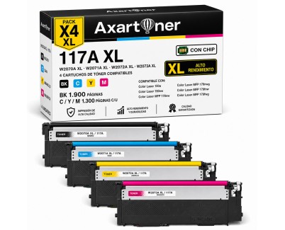 Compatible Pack x4 HP W2070A / W2071A / W2072A / W2073A XL 117A XL CON CHIP Cartuchos de Toner para HP Color Laser 150a, 150nw - MFP 178nw, 178nwg, 179fng, 179fnw, 179fwg