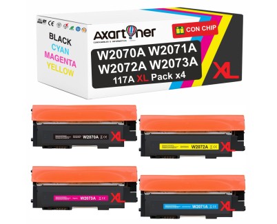 Compatible Pack x4 HP W2070A / W2071A / W2072A / W2073A XL 117A XL CON CHIP Cartuchos de Toner para HP Color Laser 150a, 150nw - MFP 178nw, 178nwg, 179fng, 179fnw, 179fwg