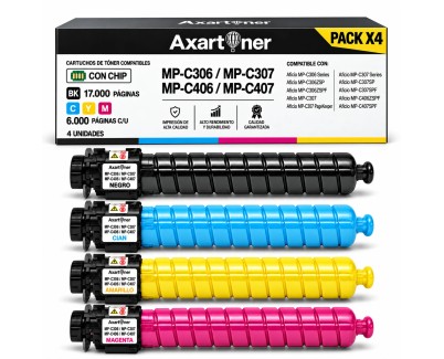 Compatible Pack x4 Ricoh Aficio MP-C306 / MP-C307 / MP-C406 / MP-C407 Cartuchos de Toner