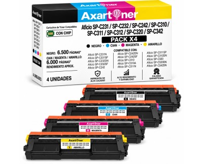 Compatible Pack x4 Ricoh Aficio SP-C231 / SP-C232 / SP-C242 / SP-C310 / SP-C311 / SP-C312 / SP-C320 / SP-C342 Cartuchos de Toner