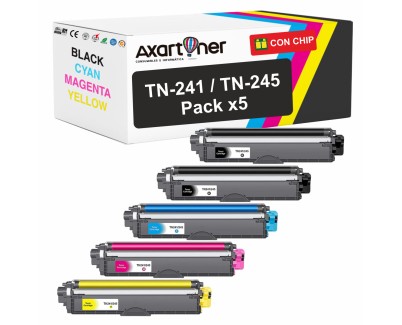 Compatible Pack x5 Brother TN241 / TN245 Cartuchos de Toner para Brother DCP: 9015CDW 9017CDW 9020CDW 9022CDW / HL: 3140CW 3142CW 3150CDW 3152CDW 3170CDW 3172CDW / MFC: 9140CDN 9142CDN 9330CDW 9332CDW 9340CDW 9342CDW