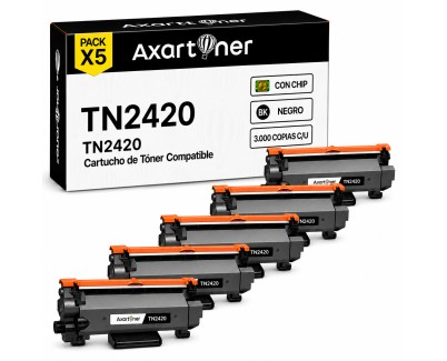 Compatible Pack x5 Brother TN2420 Negro - CON CHIP - Cartucho de Toner TN-2420 para Brother HL-L2310D HL-L2350DN HL-L2530DW HL-L2370DN HL-L2375DW DCP-L2510D MFC-L2710DN MFC-L2730DW MFC-L2750DW