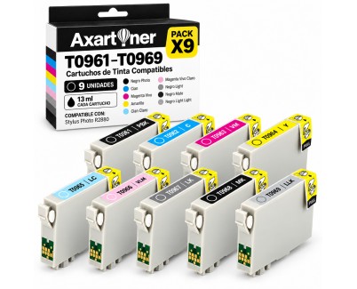 Compatible Pack x9 Epson T0961 / 2 / 3 / 4 / 5 / 6 / 7 / 8 / 9 Cartuchos de Tinta para Stylus Photo R2880