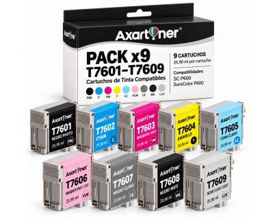 Compatible Pack x9 Epson T7601/2/3/4/5/6/7/8/9 Cartuchos de Tinta Pigmentada para Epson SureColor SC-P600