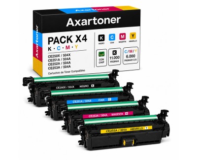 Compatible x 4 HP CE250X / CE251A / CE252A / CE253A (504X - 504A) Cartuchos de Toner para HP Color LaserJet CP3525dn, CP3525n, CP3525x, CM3530, CM3530fs