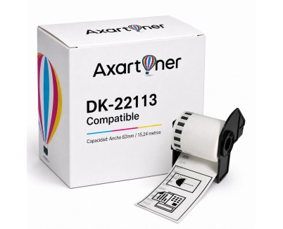 Compatibles Brother DK22113 - Etiquetas de Tama&ntilde;o personalizado - Ancho 62mm x 15,24 metros - Texto negro sobre fondo transparente