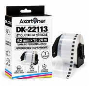 Compatibles Brother DK22113 - Etiquetas de Tamaño personalizado - Ancho 62mm x 15,24 metros - Texto negro sobre fondo transparente