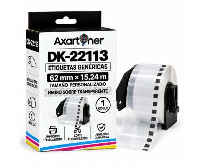 Compatibles Brother DK22113 - Etiquetas de Tama&ntilde;o personalizado - Ancho 62mm x 15,24 metros - Texto negro sobre fondo transparente