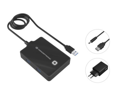 Conceptronic Hub USB-A 3.0 con 4x USB-A 3.0 - Cable de 0.90m - Adaptador de Corriente Incluido