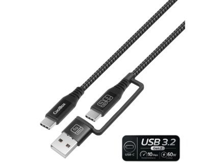 CoolBox Cable USB-C a USB-C 3.2 con Adaptador a USB-A  - 60W - Longitud 1,8m - Color Negro