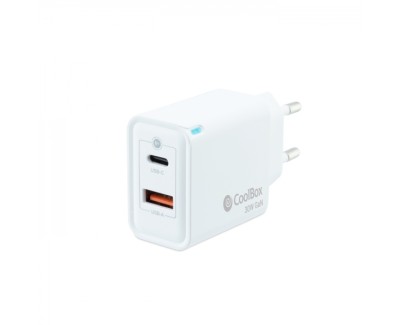 Coolbox Cargador de Pared 30W QC3.0 + PD - USB-A + USB-C - Carga Rapida - Tecnología GaN - Color Blanco