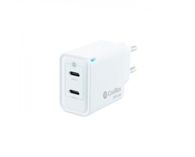 Coolbox Cargador de Pared 35W QC3.0 + PD - 2xUSB-C - Carga Rapida - Tecnología GaN - Color Blanco