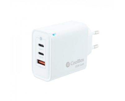 Coolbox Cargador de Pared 65W QC3.0 + PD - USB-A + 2xUSB-C - Carga Rapida - Tecnología GaN - Color Blanco