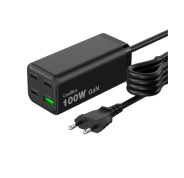 CoolBox Cargador GAN 100W Chargemaster 4 PRO - 3xUSB-C - 1xUSB-A - Carga Rapida 3.0- Power Delivery - Cable 1.5 Metros - Color Negro