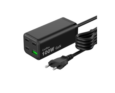 CoolBox Cargador GAN 100W Chargemaster 4 PRO - 3xUSB-C - 1xUSB-A - Carga Rapida 3.0- Power Delivery - Cable 1.5 Metros - Color Negro