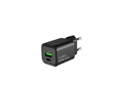 CoolBox Cargador GAN 25W - 1xUSB-C - 1xUSB-A - Carga Rapida 3.0 - Power Delivery - Color Negro