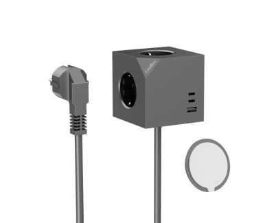 Coolbox Cubik Magnet Cubo Multienchufes de Sobremesa con 3 Tomas + 2x USB-C 20W max. - 1x USB-A 15W max. - Cable de 1,4m - Fijacion Magnetica - Color Gris