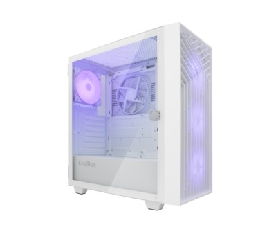 Coolbox GA300 GridLine Caja Torre ATX, Micro ATX, Mini-ITX - Lateral Cristal Templado - Tamaño HDD 2.5\", 3.5\" - USB-A 3.0, USB-C y Audio - 3 Ventiladores ARGB 120mm - Soporta Refrigeracion Liquida - Color Blanco