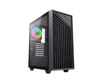 Coolbox GA300 GridLine Caja Torre ATX, Micro ATX, Mini-ITX - Lateral Cristal Templado - Tamaño HDD 2.5\", 3.5\" - USB-A 3.0, USB-C y Audio - 3 Ventiladores ARGB 120mm - Soporta Refrigeracion Liquida - Color Negro