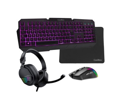Coolbox Gaming XWing2 Pack Gaming Teclado USB + Raton USB 7200dpi + Auriculares Jack 3.5mm + Alfombrilla - Iluminacion LED en 3 colores - Color Negro