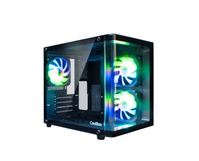 Coolbox GM100 Vision Caja Mini Torre Micro ATX, Mini-ITX - Frontal y Lateral Cristal Templado - Tamaño HDD 2.5\" - USB-A 3.0 y Audio - 3 Ventiladores ARGB 120mm - Soporta Refrigeracion Liquida