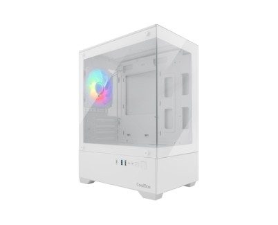 Coolbox GM200 Vision Lite Caja Mini Torre Micro ATX, Mini-ITX - Frontal y Lateral Cristal Templado - Tama&ntilde;o HDD 3.5\" y 2.5\" - USB-A 3.2, USB-C 3.2, USB-A 2.0 y Audio - Ventilador Trasero ARGB - Soporta Refrigeracion Liquida - Color Blanco