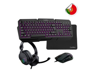 Coolbox Pack Gaming XWING 2 4 en 1 Portugues- Teclado RGB - Raton 7200 DPI - Auriculares RGB USB - Alfombrilla  Antideslizante - Color Negro