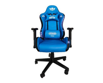 Cromad Serie Raptor Legendary Silla Gaming - Altura Regulable con Piston de Gas Clase 2 - Reclinable hasta 180º - Cojines Lumbar y Cervical - Ruedas de Nailon de 60mm - Iluminación RGB - Color Azul